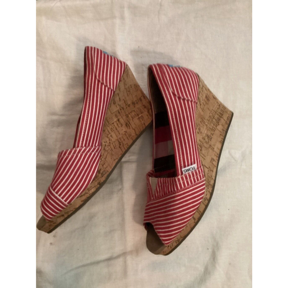 Toms Red and White Striped Peep-Toe Wedges Espadrilles Size W10 - Picture 3 of 6